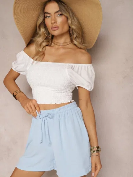 Jasnoniebieskie Szorty o Luźnym Kroju High Waist z Gumką w Talii Vimallora niebieskie