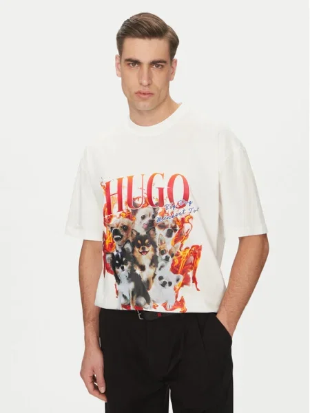 HUGO Tričko Dugie Écru Oversize biela