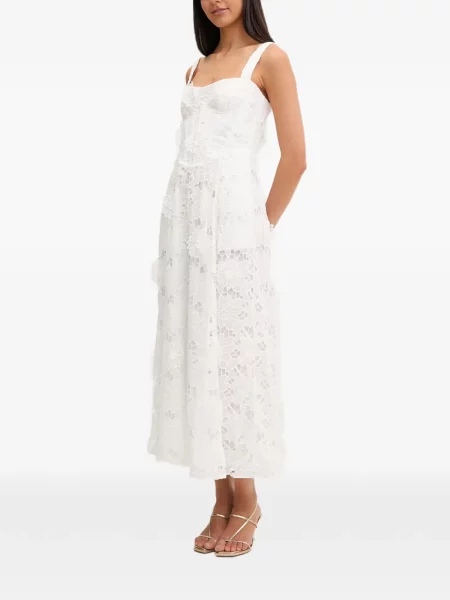 Rochie midi Bardot cu model floral din dantelă alb