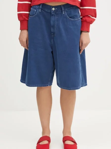 Carhartt WIP pantaloni scurți jeans Brandon Short marin neted high waist albastru