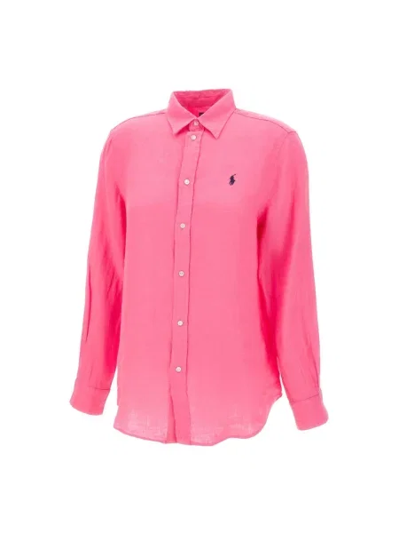 Polo Ralph Lauren Bluzki i koszule Kobieta L Len Logo Embroidered Curved Hem Shirt różowy