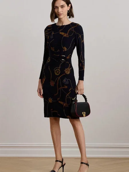 Sukienka o długości do kolan z marszczeniami model ‘FABIANA’ Lauren Ralph Lauren granatowa