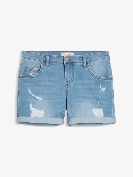 Szorty jeansowe mid waist z ozdobnymi przetarciami niebieskie