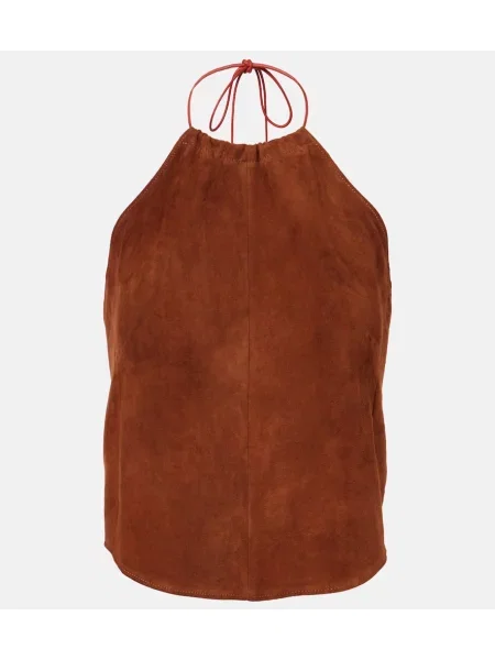 Top Stouls din piele de căprioară cu gât halter maro