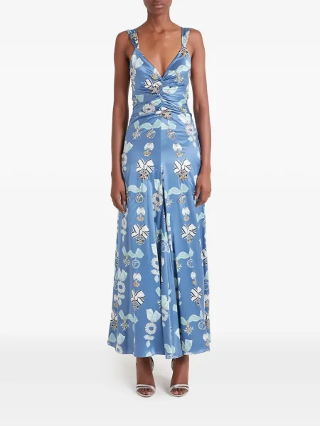Rochie maxi Temperley London de mătase fără mâneci cu volane albastru