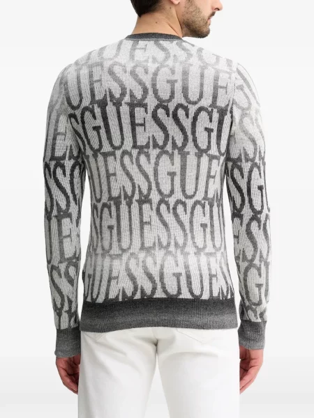 Pulover Guess cu decolteu rotund cu autograf alb
