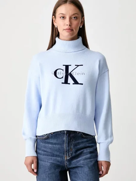 Pulover Calvin Klein Jeans cu guler înalt cu autograf albastru