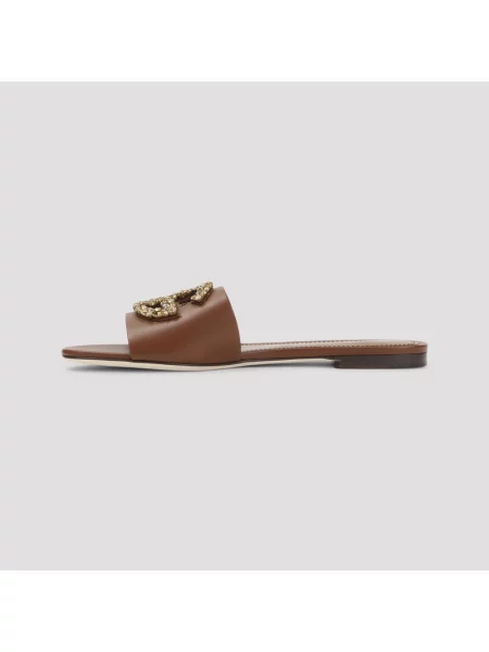 Haftowane klapki Dolce And Gabbana skórzane brązowe