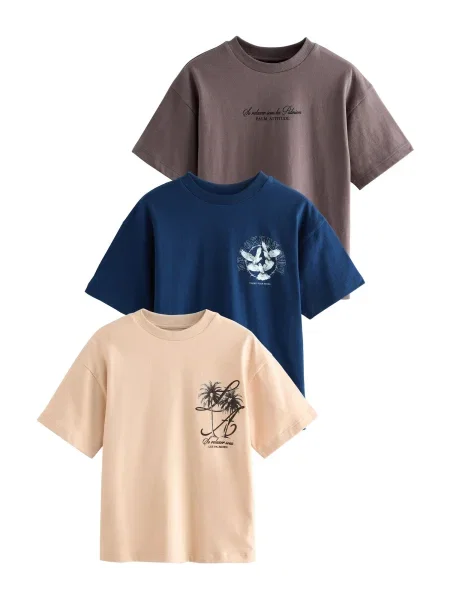 Next Tricou crem / bleumarin / maro negru