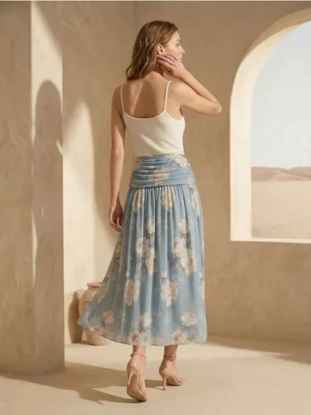 Міді-спідниця з квітковим принтом і зборками різнобарвний