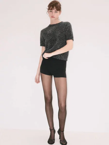 Sweter z krótkim rękawem z lureksem Kobieta S MANGO czarny