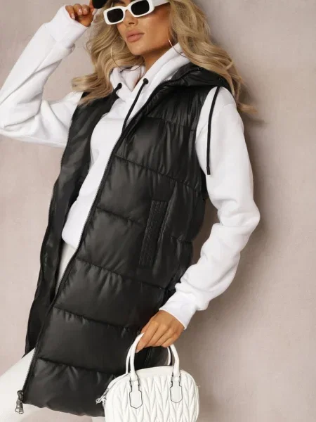 Vestă lungă matlasată cu dublu Wetessa neagră