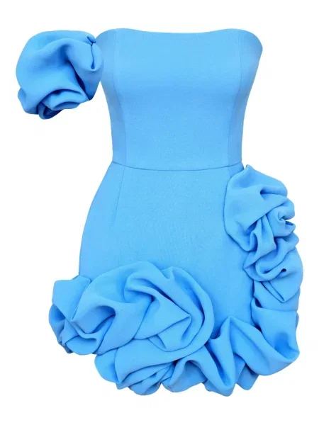 Mała sukienka mini Post Meridiem na jednym ramieniu garniturowa niebieska