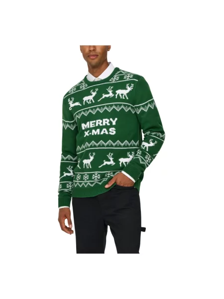Dzianinowy sweter Only & Sons z nadrukiem z długim rękawem zielony