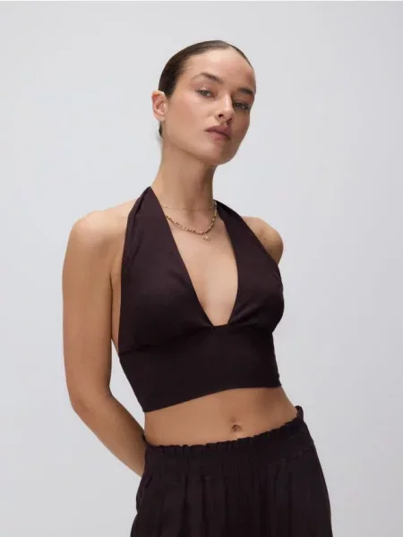 Reserved Топ з додаванням льону темно коричневий