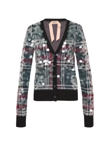 Cardigan N°21 cu paiete de lână în carouri verde