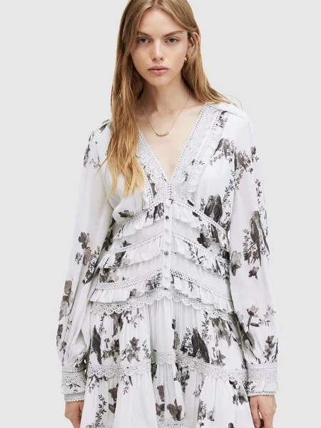 Рокля AllSaints ZORA IONA DRESS къса разкроена бяло