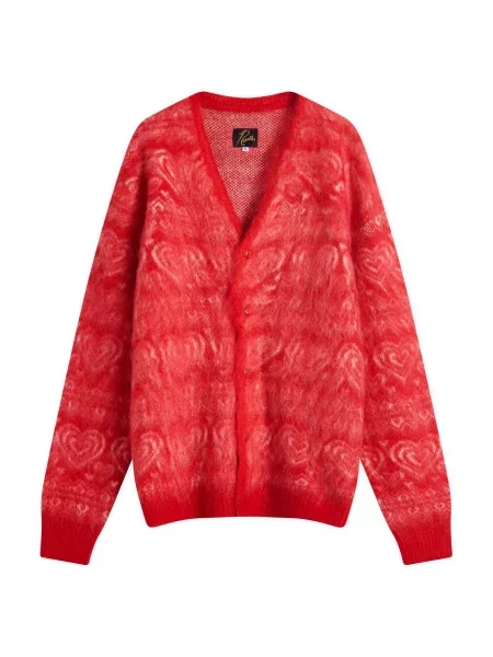 Moherowy kardigan Needles w serca czerwony