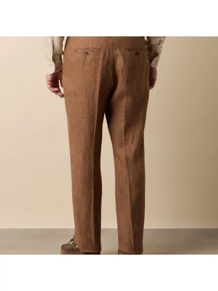 Lniane spodnie Brooks Brothers w jodełkę brązowe