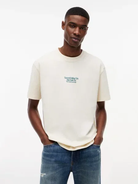 Tommy Jeans Tričko SAILBOAT krémová / petrolejová čierna