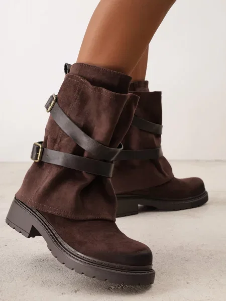 Botine biker cu carâmb stratificat decorate cu două curele și catarame Cressa maro