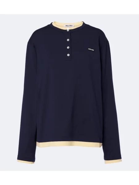 Cămașă Miu Miu din jerseu cu guler henley albastru
