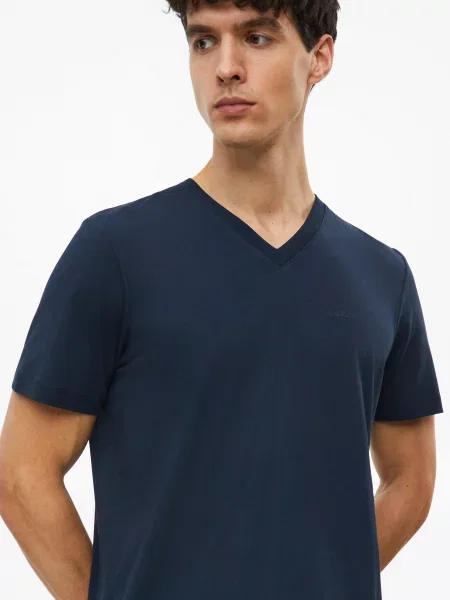 T-shirt z dekoltem w serek i nadrukowanym logo niebieska