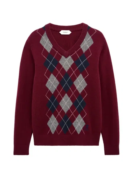 Pulover Pringle Of Scotland cu decolteu în V cu model argyle roșu