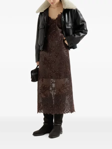 Rochie Brunello Cucinelli cu broderie de lână maro
