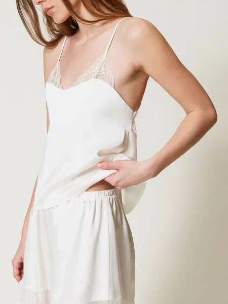 Pijamale Twinset din dantelă alb