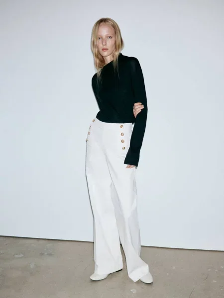 Jeansy wide leg z bocznymi Kobieta 38 MANGO biały