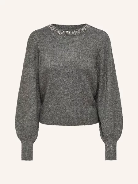 Sweter z dzianiny o kroju regular fit z obszyciem ozdobnymi kamieniami model ‘ELSA’ Only szary