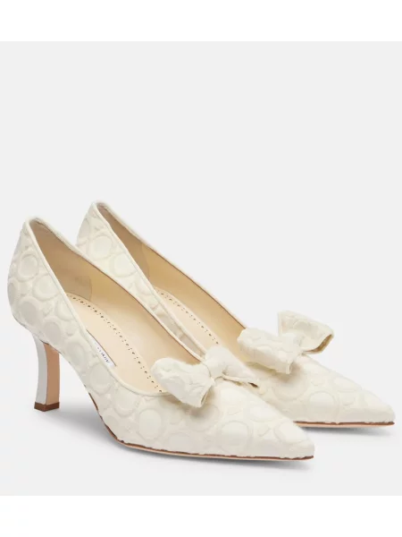 Saténové lodičky Manolo Blahnik s výšivkou bílé