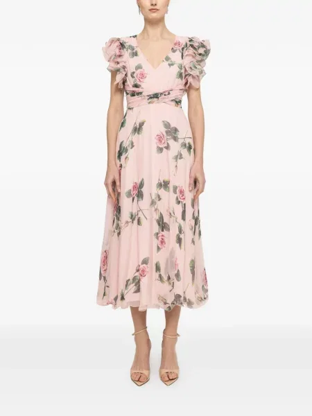 Rochie cu volane Nissa de mătase cu model floral cu volane roz