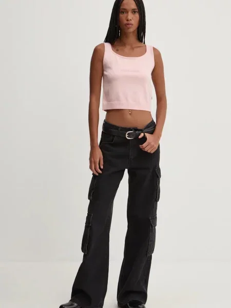 Топ з домішкою шовку Guess Jeans рожевий