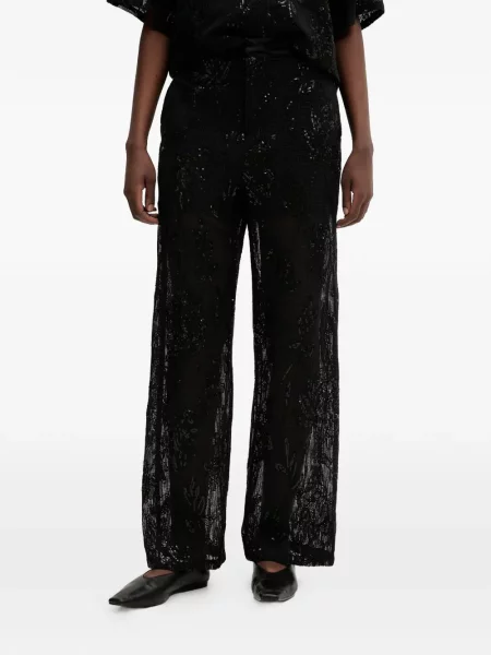 Pantaloni Isabelle Blanche cu broderie cu model floral negru