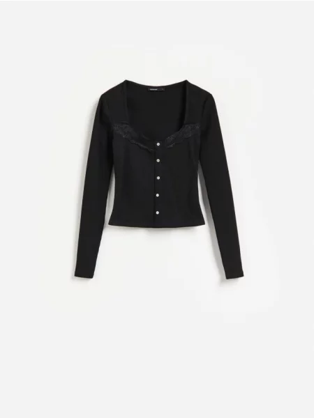 Reserved Tricou cu mânecă lungă din amestec de negru
