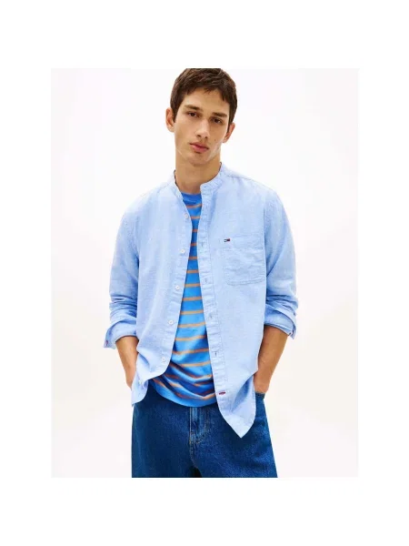 Ľanová džínsová košeľa Tommy Jeans modrá