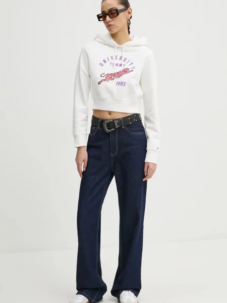 Bombažen pulover Tommy Jeans s kapuco bela