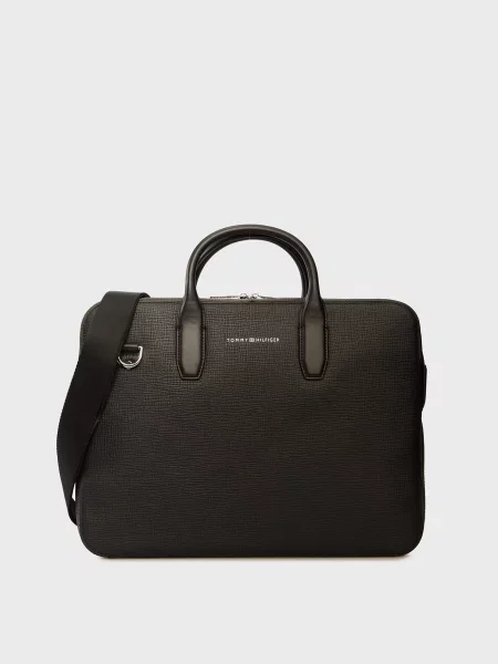 Кожаная сумка для ноутбука Tommy Hilfiger в деловом стиле черная
