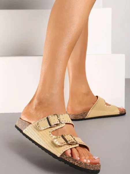 Șlapi deschis cu platformă cu inserție de plută catarame și cusături Nlena bej