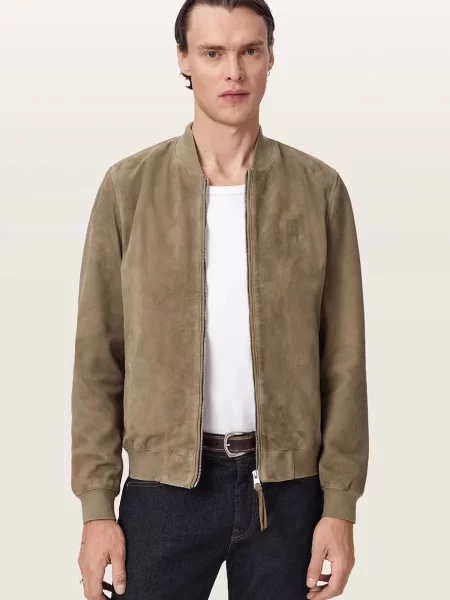AllSaints geacă bomber pentru bărbați din piele întoarsă MORTEN verde