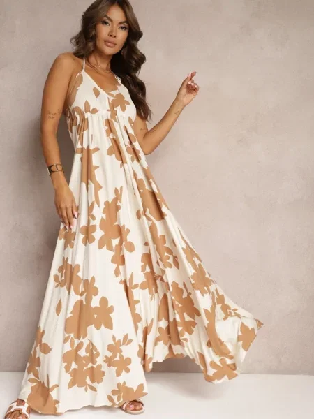 Biało-Brązowa Sukienka na Ramiączkach o Rozkloszowanym Kroju Nansirona biała