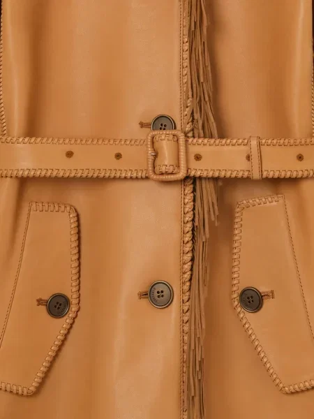Кожено къс палто Burberry с ресни кафяво