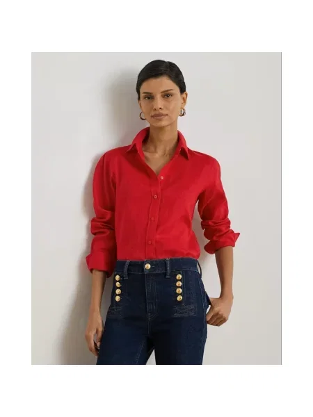 Lniana koszula Ralph Lauren z długim rękawem czerwona
