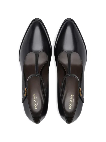 Pantofi cu toc Potamy din piele cu bretele negru
