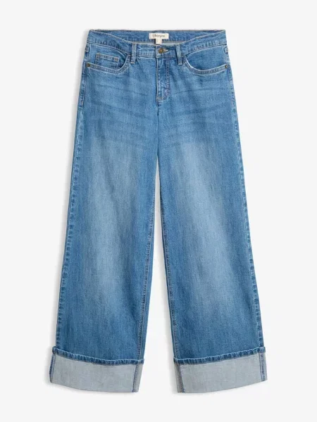 Jeansy wide leg z podwiniętymi nogawkami niebieskie