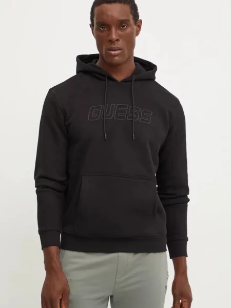 Dukserica Guess ALDWIN za muškarce s kapuljačom bez uzorka crna