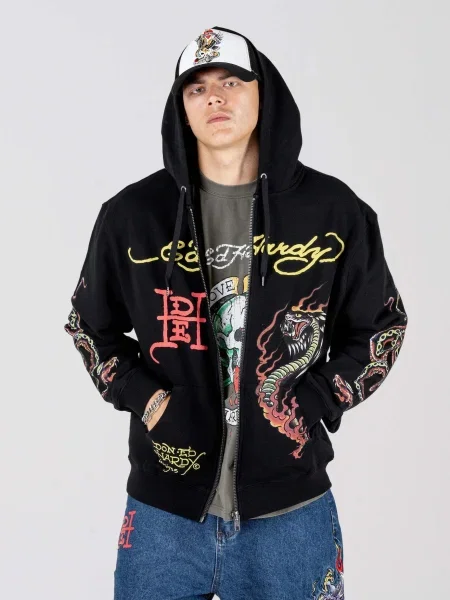 Ed Hardy Tepláková bunda Double-Venom žltá / červená čierna