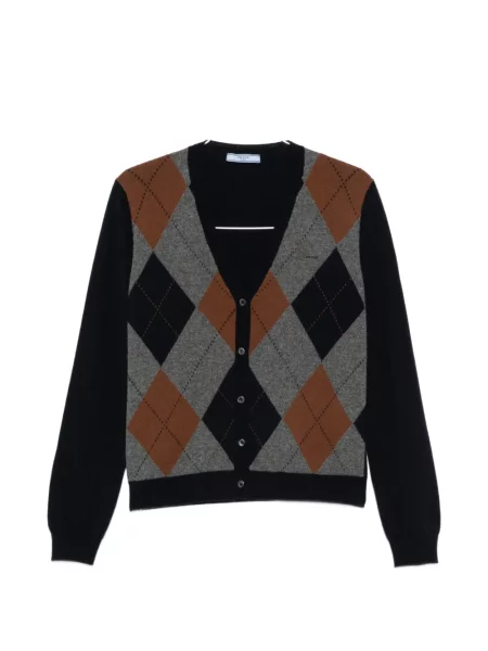 Cardigan Prada tricotate cu decolteu în V cu model argyle albastru